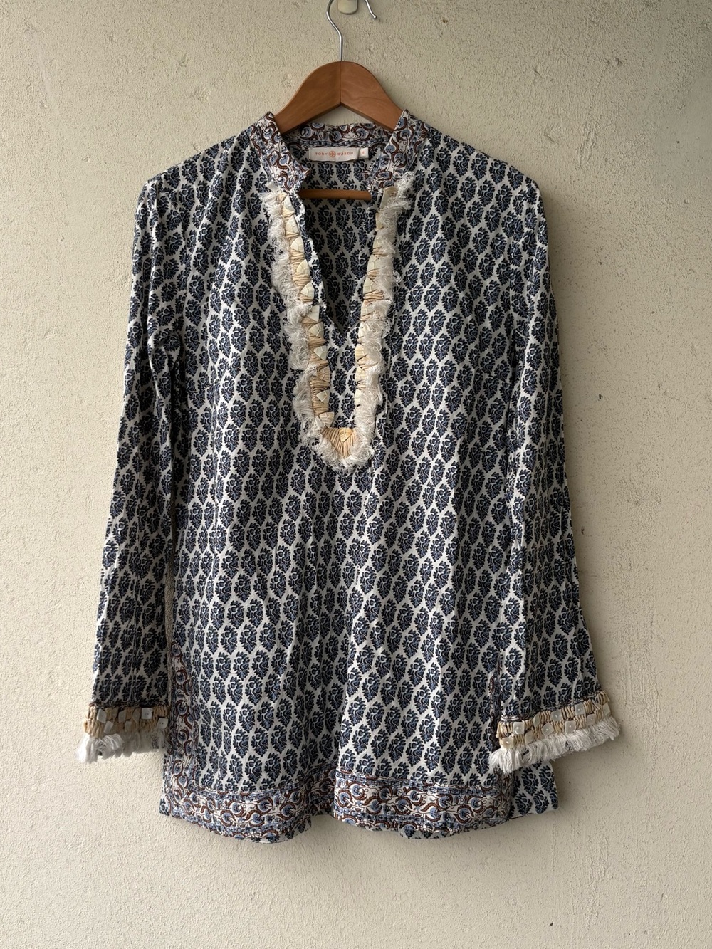 Tory Burch Blue and White Printed Tassel Tunic
